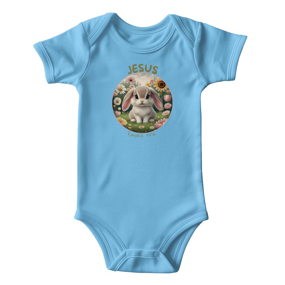 Jesus Loves Me Christian bodysuit with bunny in a flower garden.