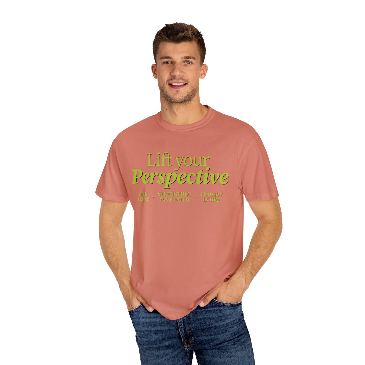 Young adult wearing “Lift Your Perspective” Christian T-shirt in terracotta, inspired by the How to Pray series.