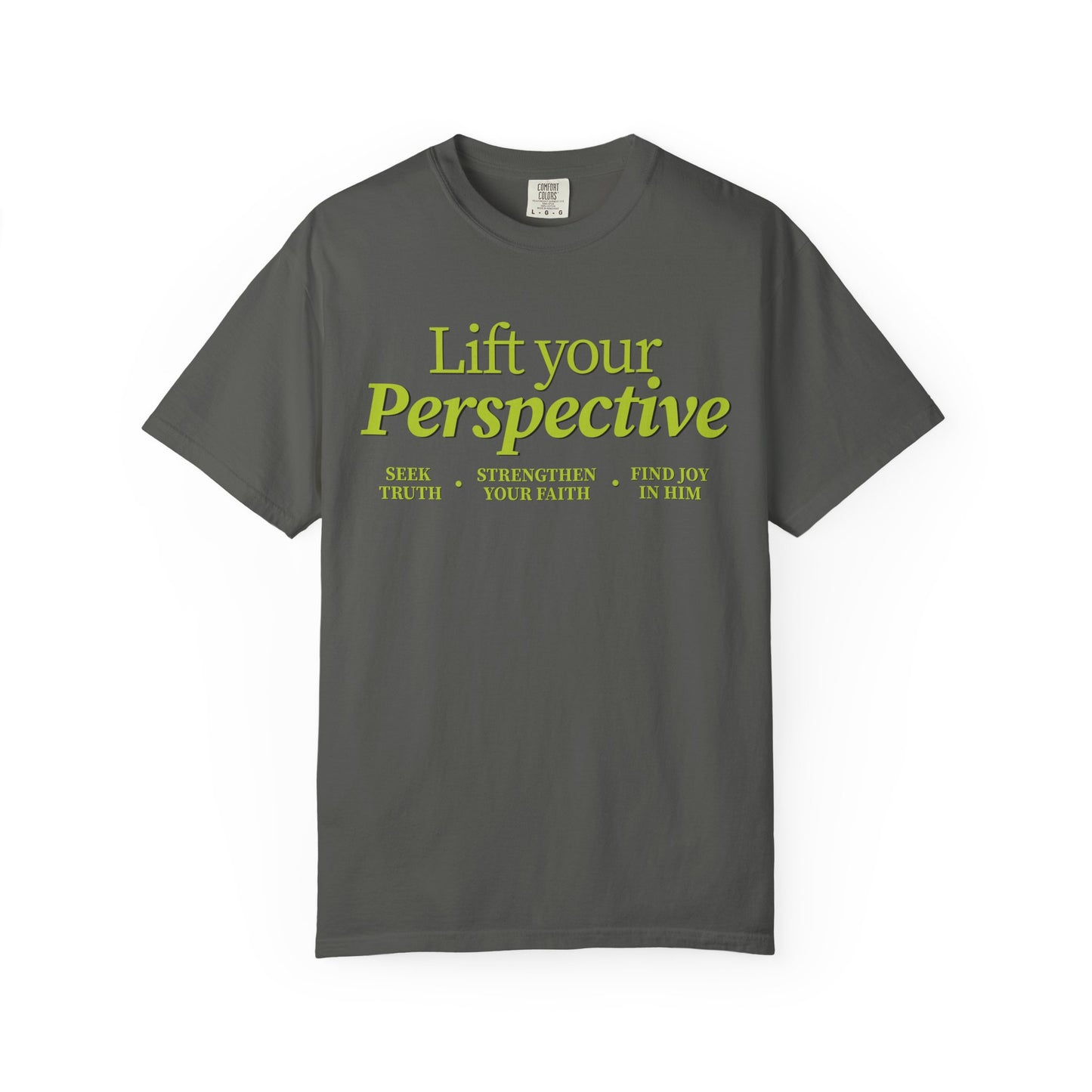 Young adult wearing “Lift Your Perspective” Christian T-shirt in grey, inspired by the How to Pray series.