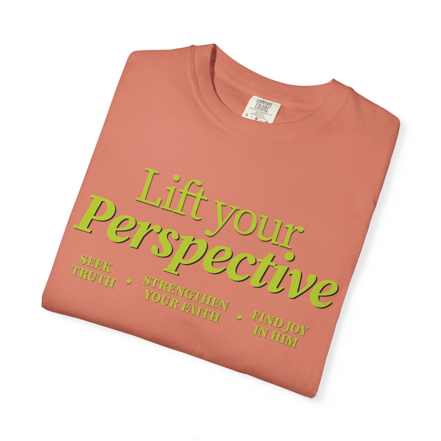 “Lift Your Perspective” Christian T-shirt in terracotta, inspired by the How to Pray series.