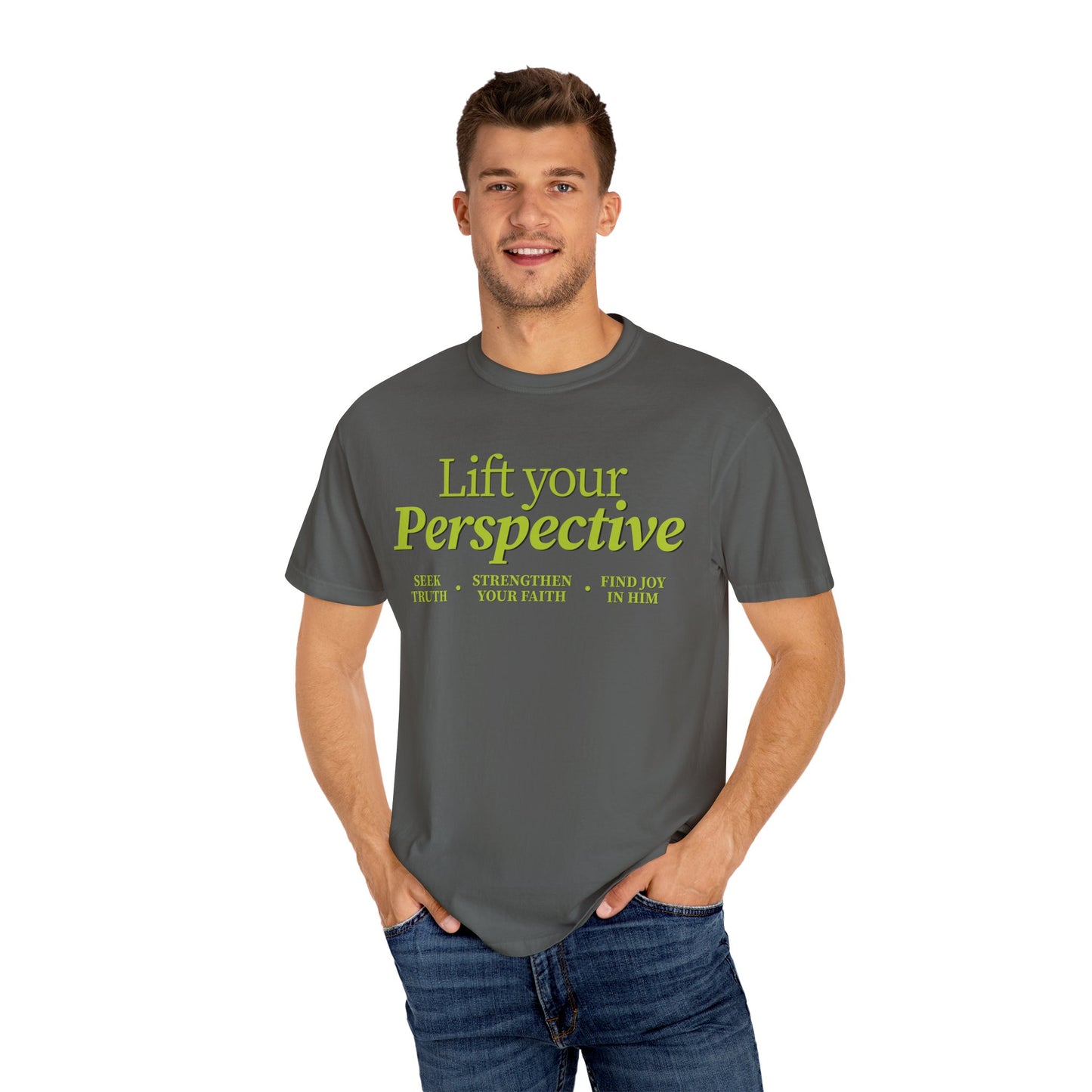 Young adult wearing “Lift Your Perspective” Christian T-shirt in grey, inspired by the How to Pray series.