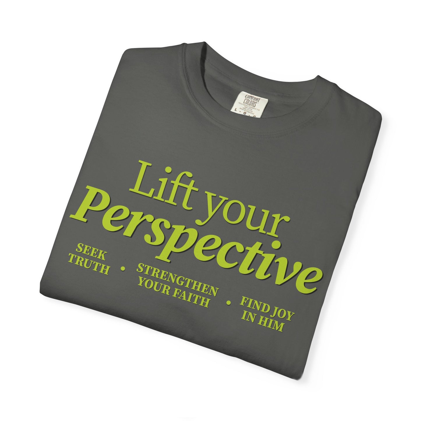 "Lift Your Perspective” Christian T-shirt in grey, inspired by the How to Pray series.