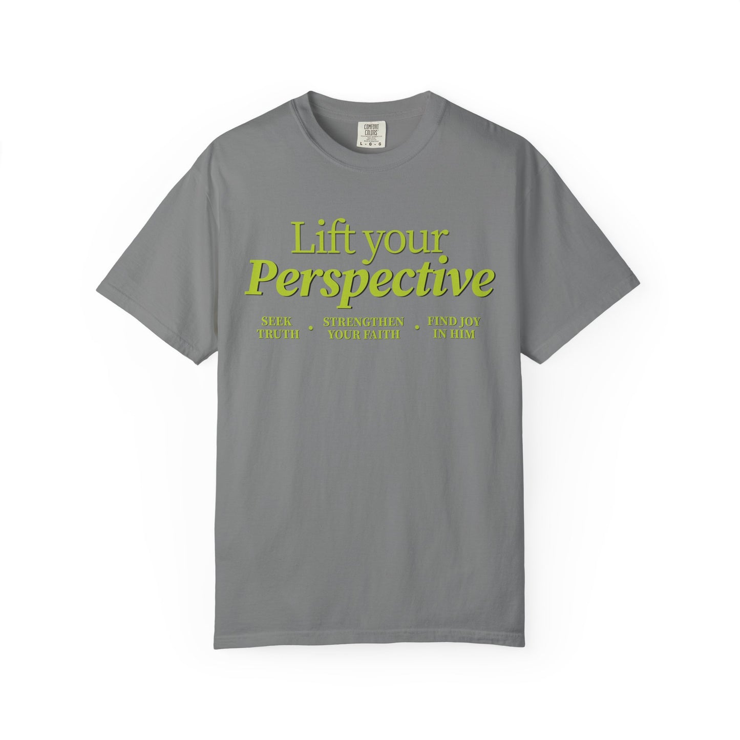 Gray t-shirt with yellow text 'Lift your Perspective' on a white background