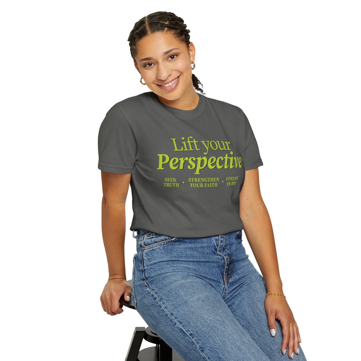 Young adult wearing “Lift Your Perspective” Christian T-shirt in grey, inspired by the How to Pray series.