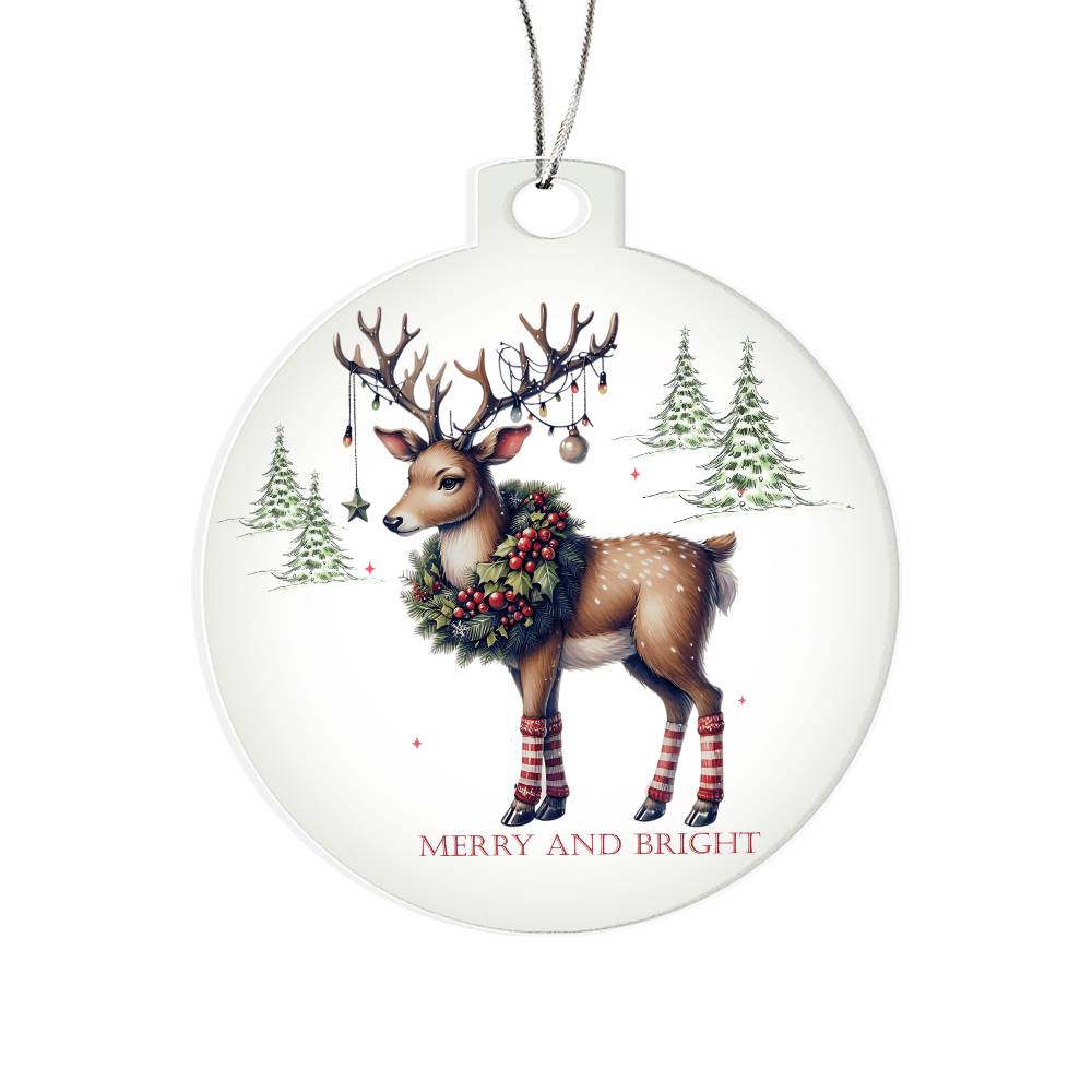 Deer ornament with lights and stockings, Merry & Bright holiday decor.