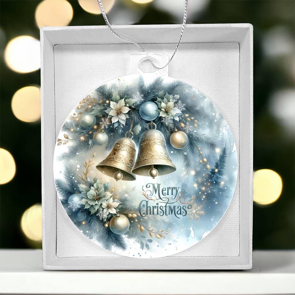 Elegant golden bells Christmas ornament with soft blue and gold accents.