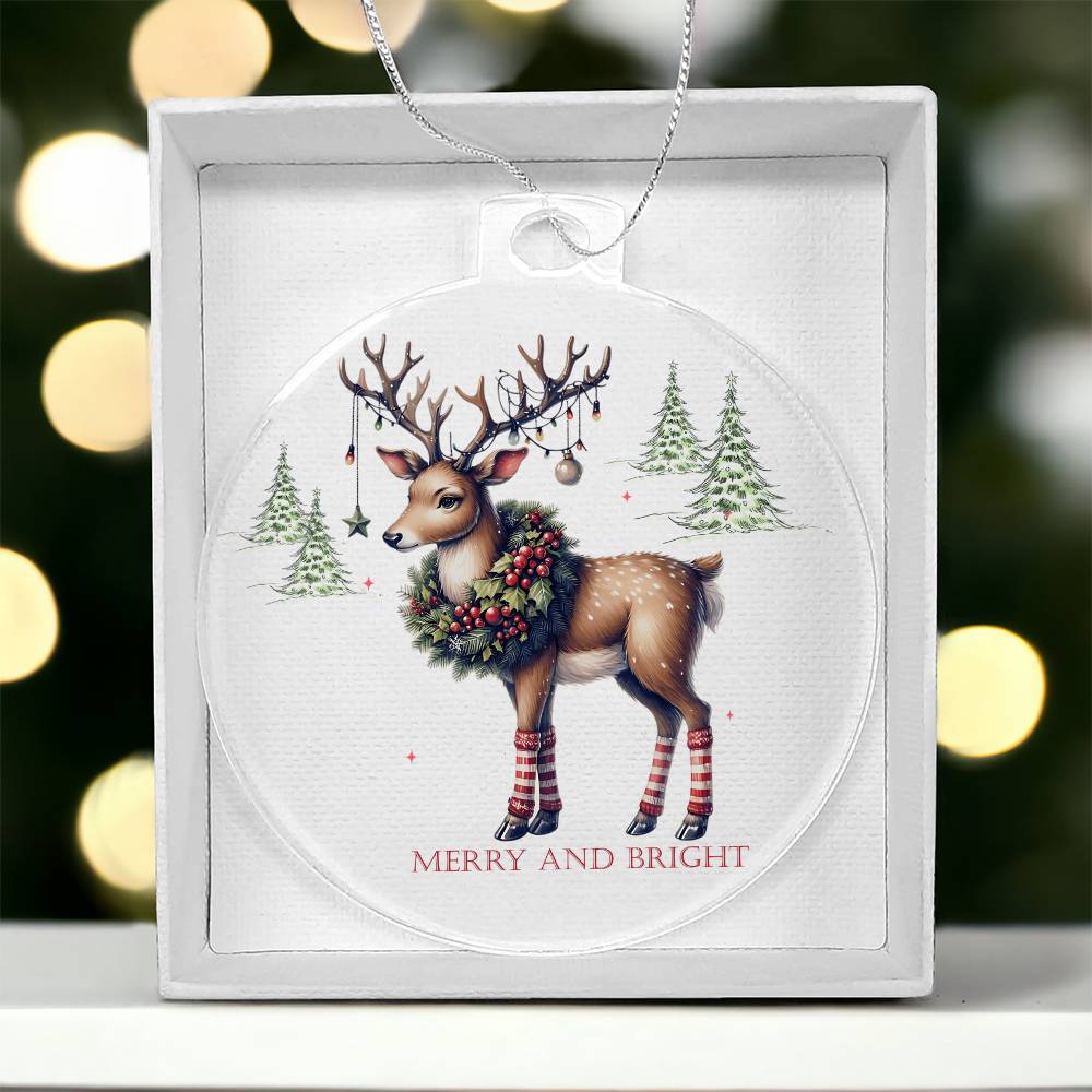 Deer ornament with lights and stockings, Merry & Bright holiday decor.