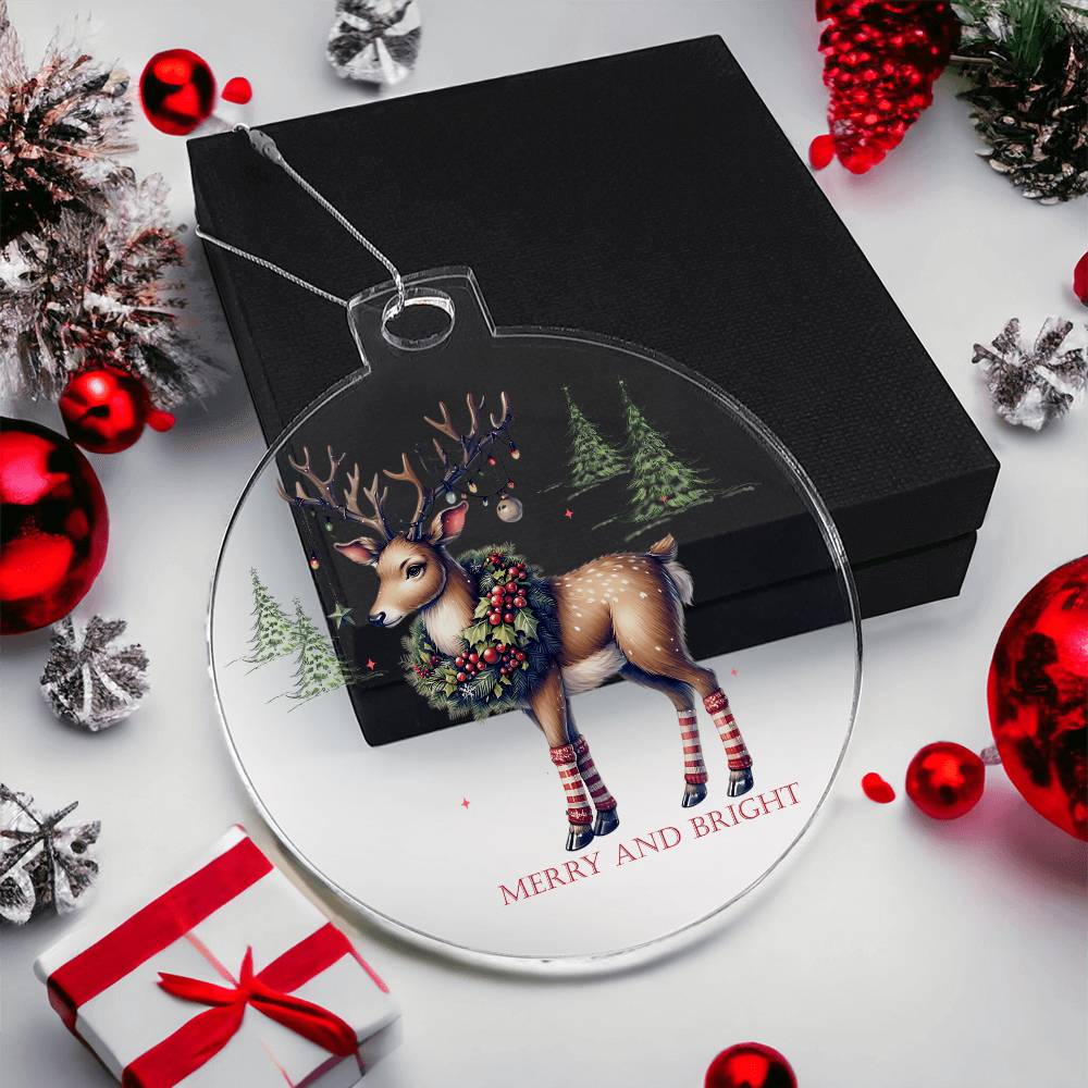 Deer ornament with lights and stockings, Merry & Bright holiday decor.