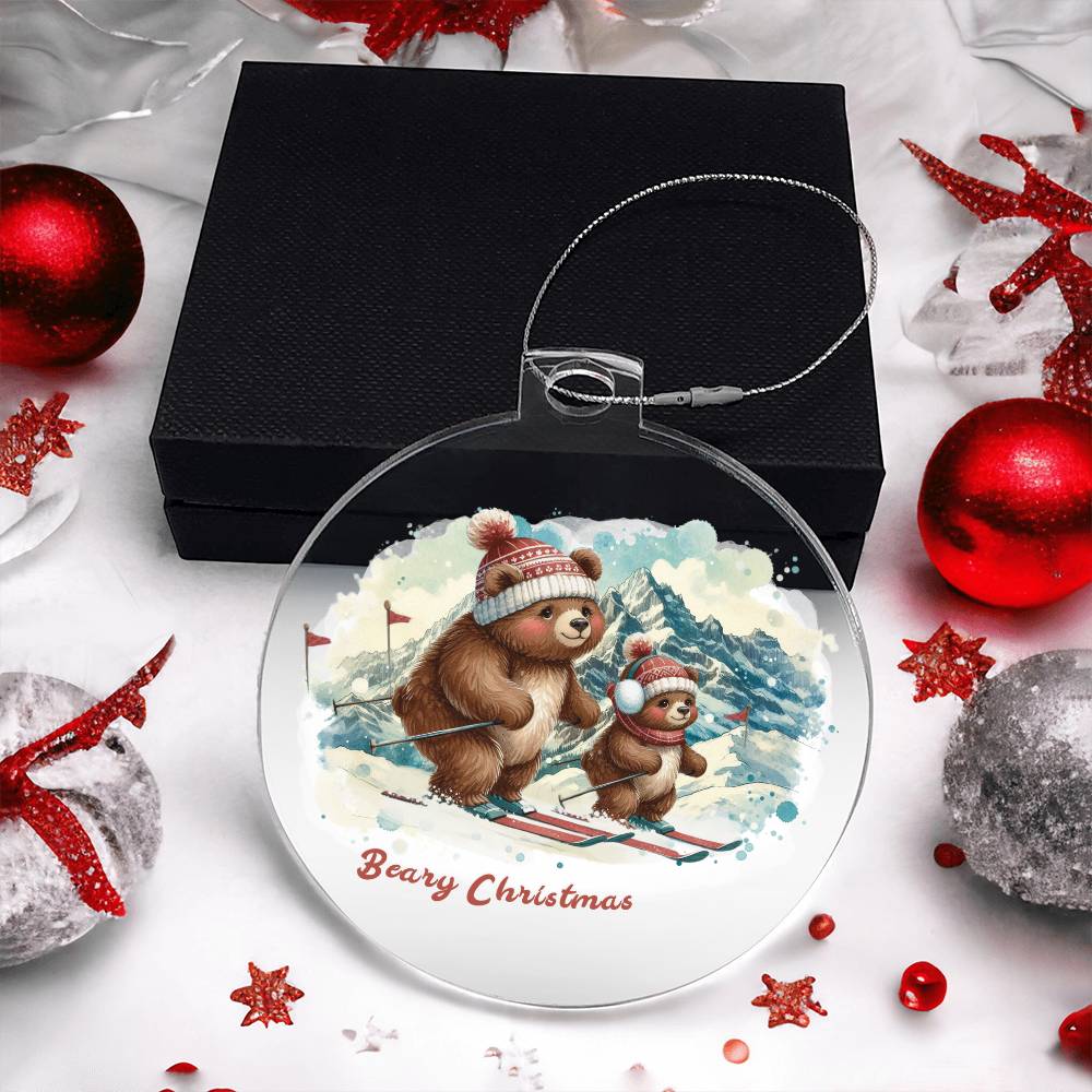 Two bears skiing with "Beary Christmas" text on holiday ornament.