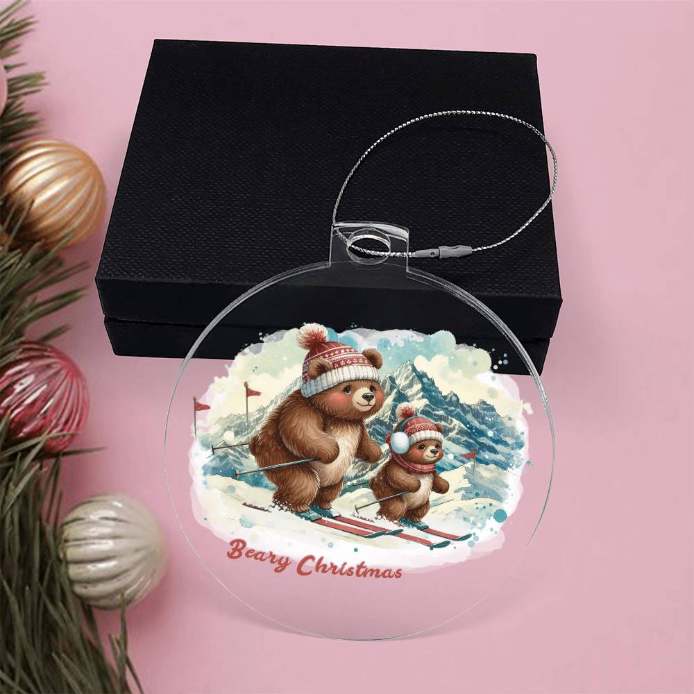 Two bears skiing with "Beary Christmas" text on holiday ornament.