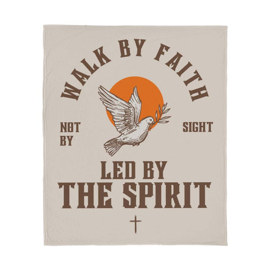 Retro-inspired fleece blanket with 'Walk by Faith, Not by Sight' message, dove and sun design, light background, and retro colors.