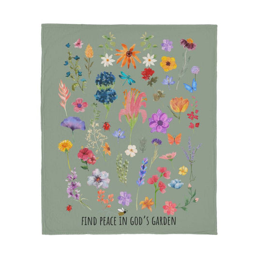Floral fleece blanket with vibrant flowers, bugs, and 'Find Peace in God's Garden' message. Colorful and nature-inspired Christian blanket.