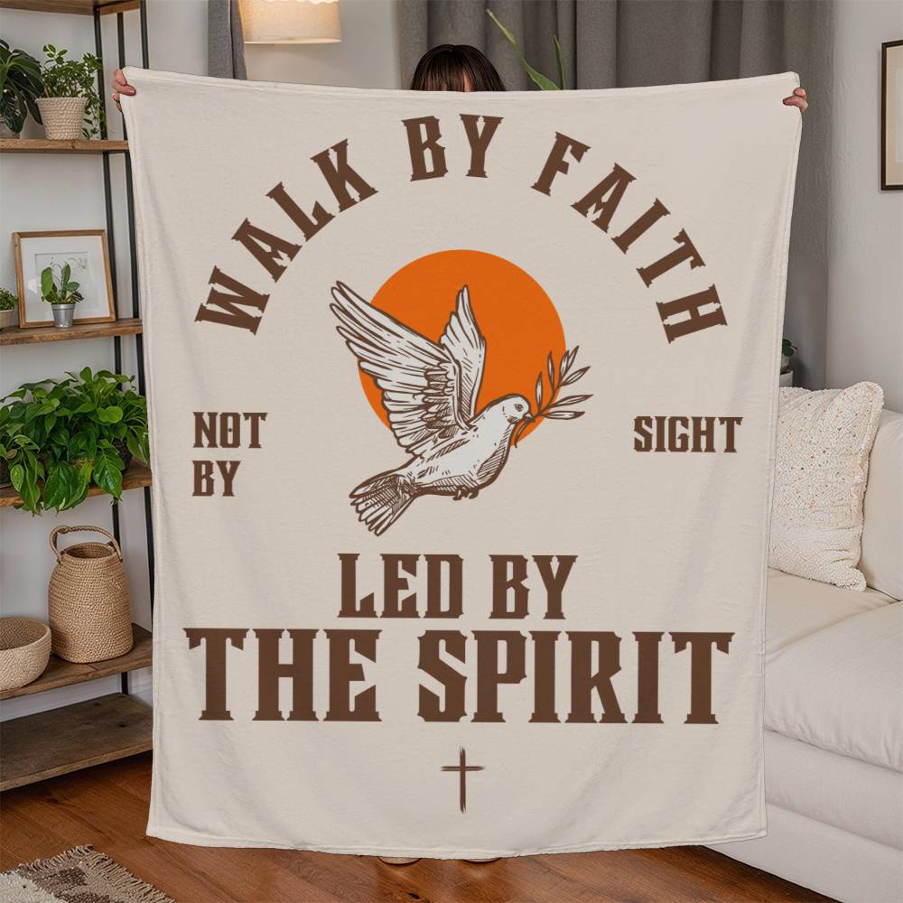 Retro-inspired fleece blanket with 'Walk by Faith, Not by Sight' message, dove and sun design, light background, and retro colors.