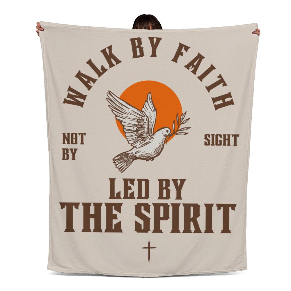 Retro-inspired fleece blanket with 'Walk by Faith, Not by Sight' message, dove and sun design, light background, and retro colors.
