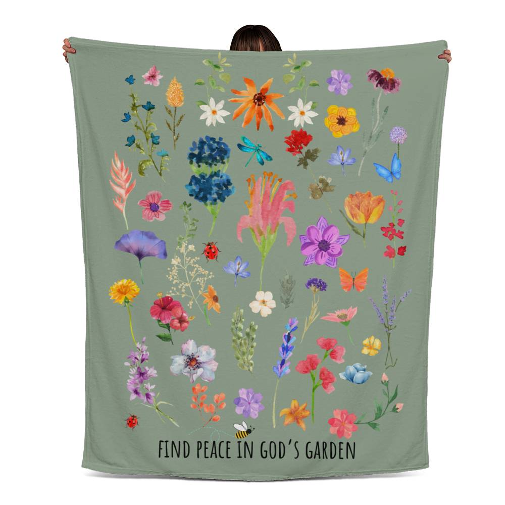 Floral fleece blanket with vibrant flowers, bugs, and 'Find Peace in God's Garden' message. Colorful and nature-inspired Christian blanket.