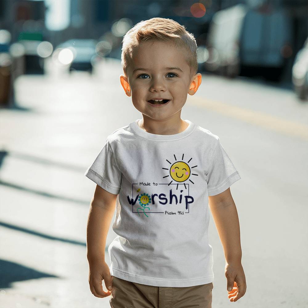 Christian kids clothing with happy sun, bee, flower, and Psalm 95:1.