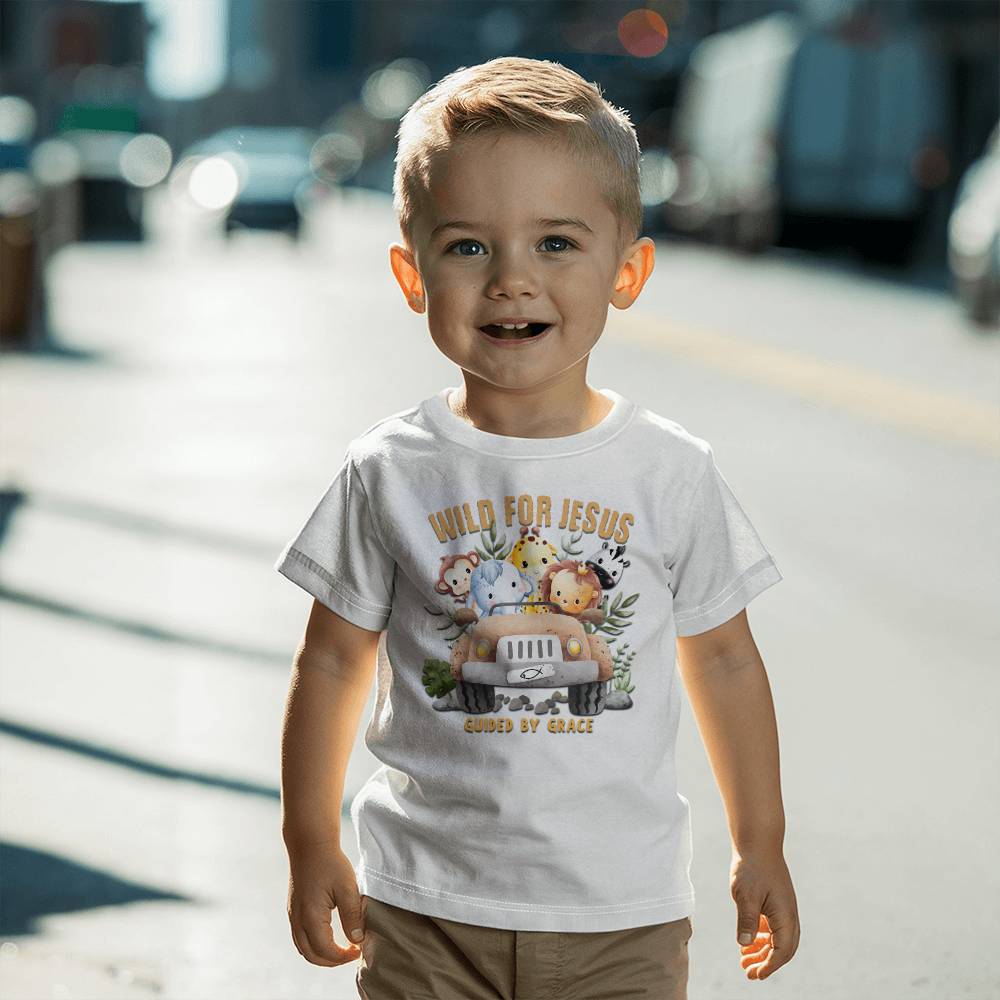 Wild for Jesus kids design with jungle animals in a Jeep – faith-based fun.