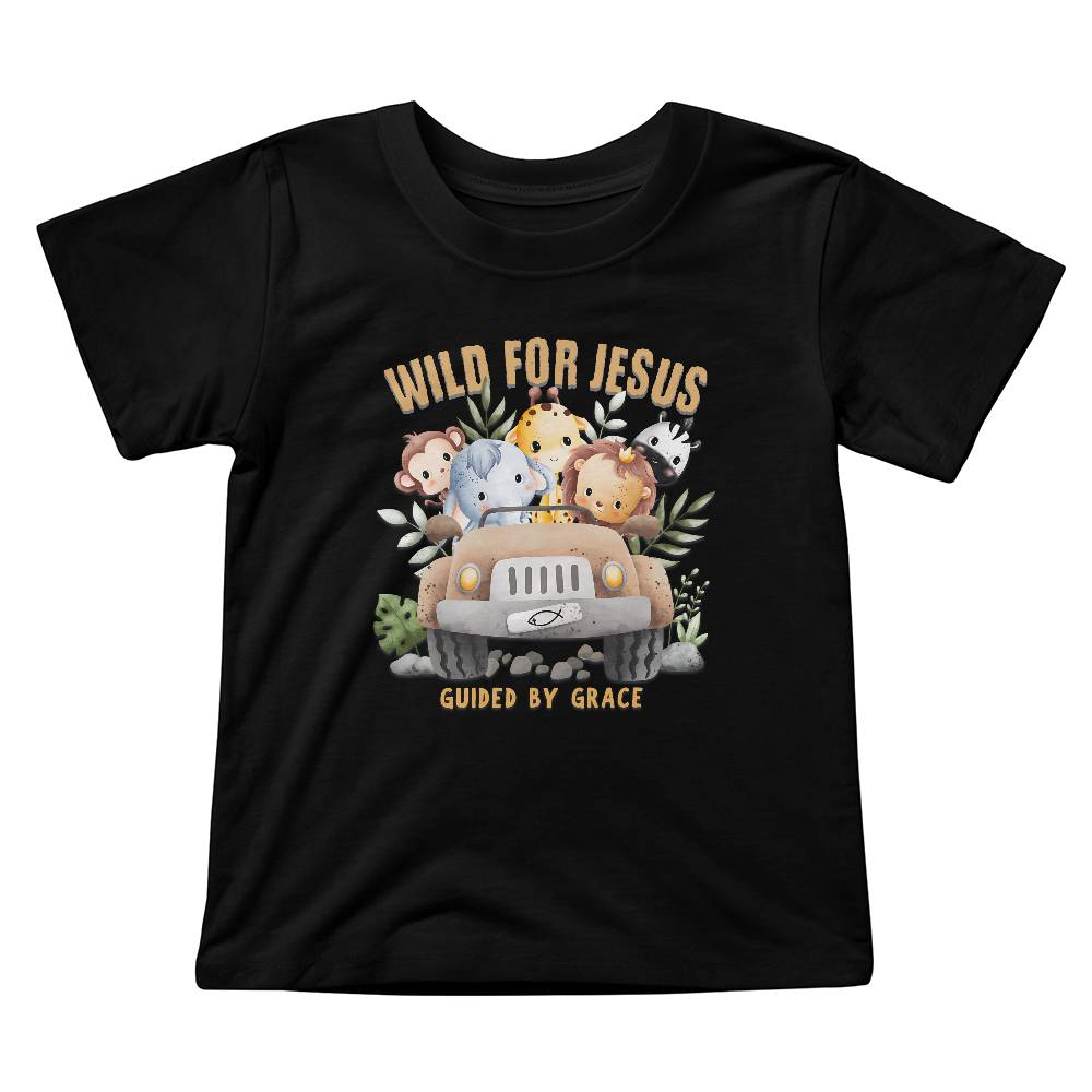 Wild for Jesus kids design with jungle animals in a Jeep – faith-based fun.