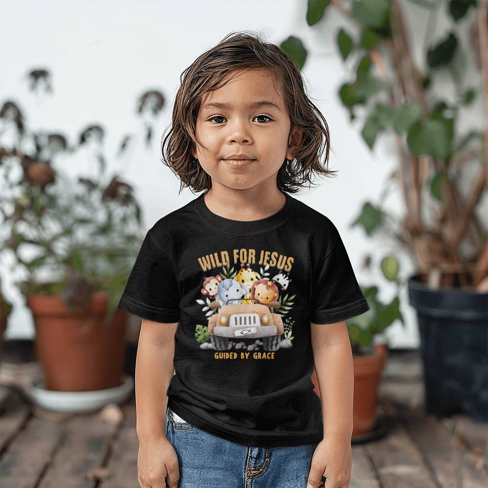 Wild for Jesus kids design with jungle animals in a Jeep – faith-based fun.