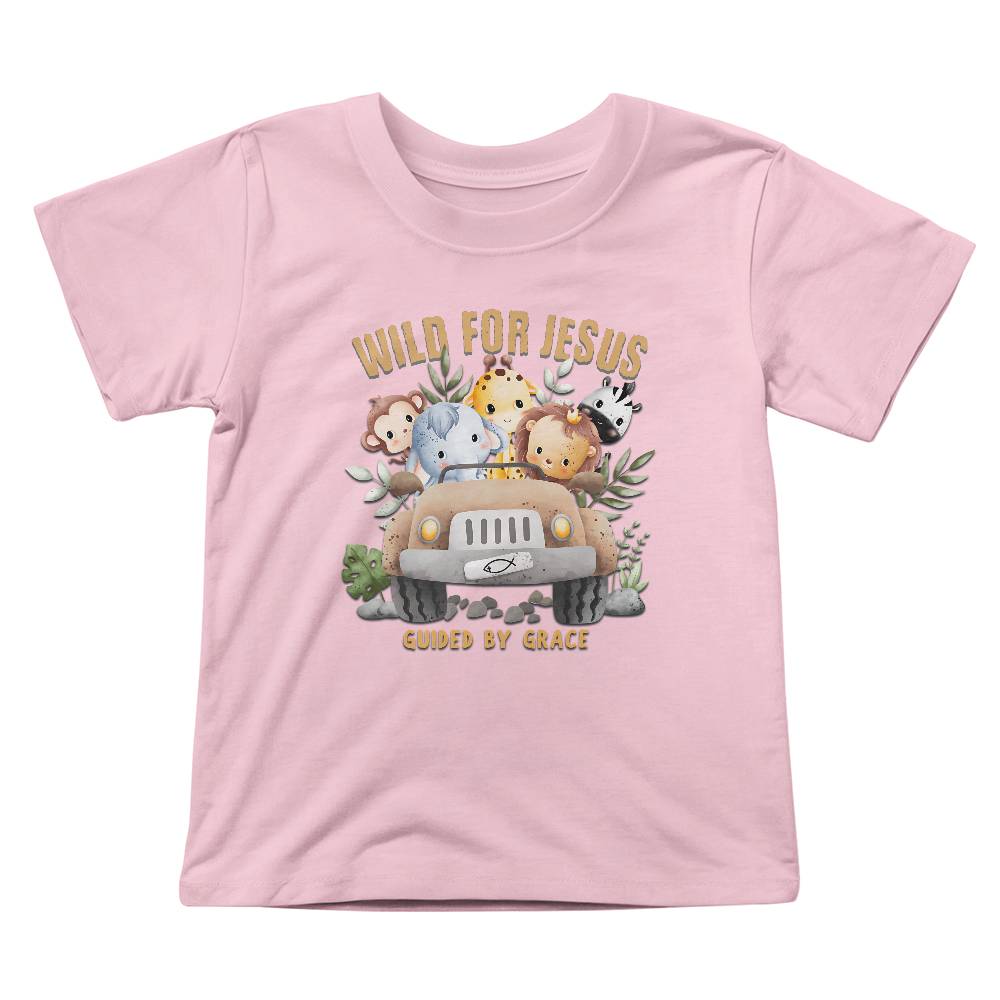 Wild for Jesus kids design with jungle animals in a Jeep – faith-based fun.
