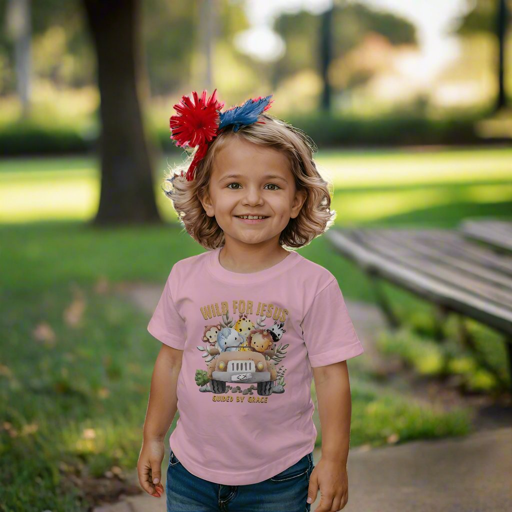 Wild for Jesus kids design with jungle animals in a Jeep – faith-based fun.