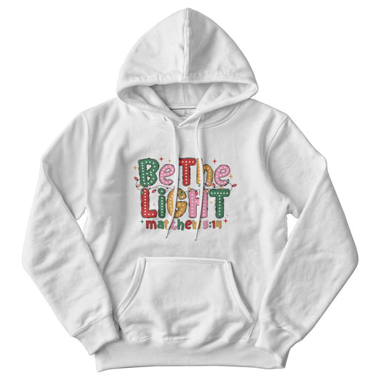 White Christian Christmas hoodie with bubble font and festive lights