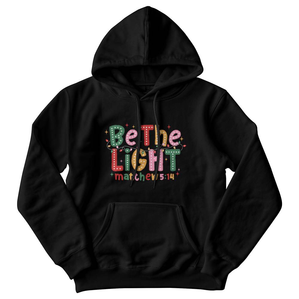 Christian Christmas hoodie in black with colorful lights and Matthew 5:14