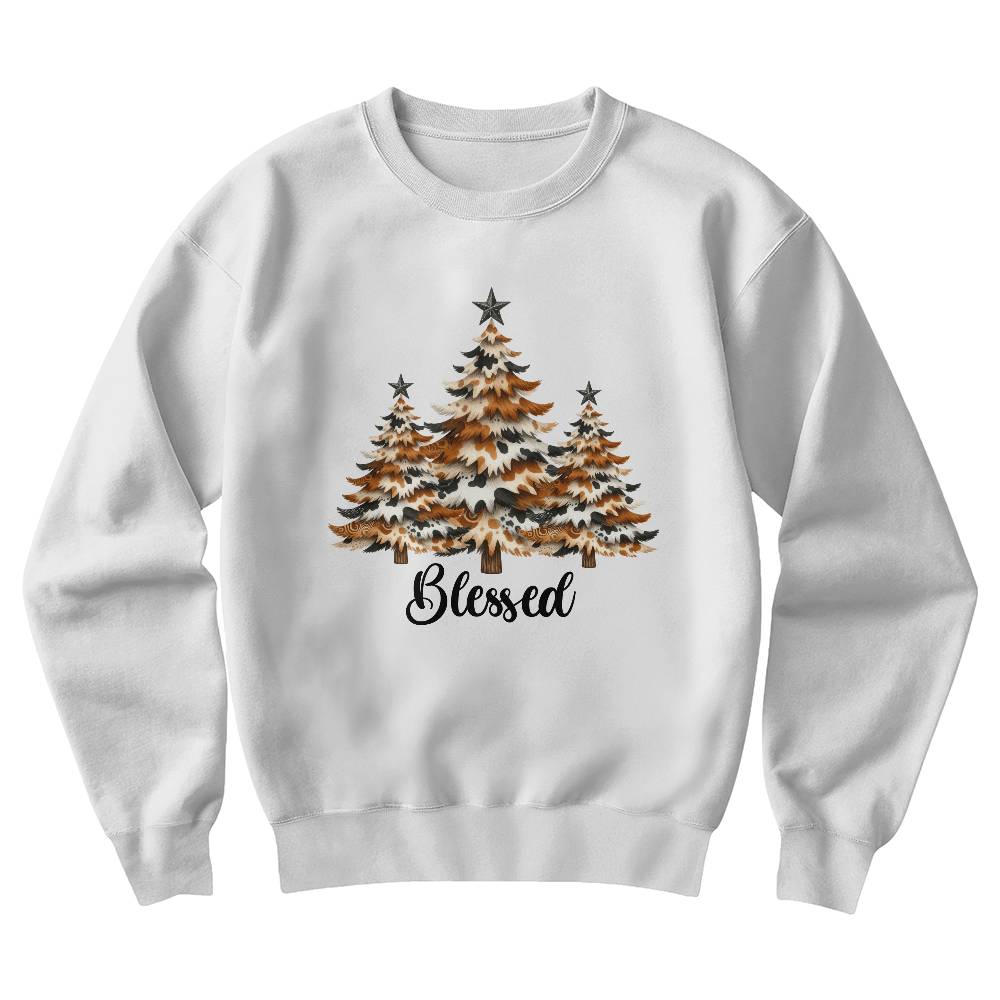 Blessed crewneck with unique cow-print tree design and farmhouse style