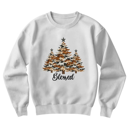 Blessed crewneck with unique cow-print tree design and farmhouse style