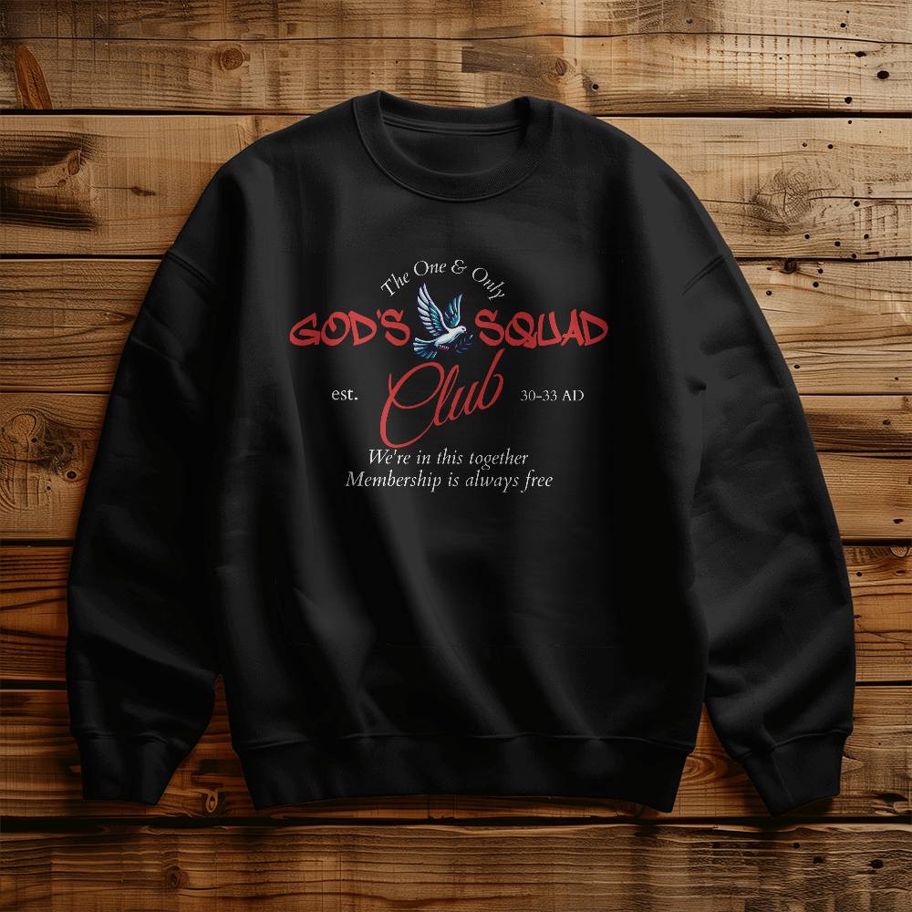 A vintage-inspired "God's Squad" crewneck design featuring a dove and the words "est. 30-33 AD."