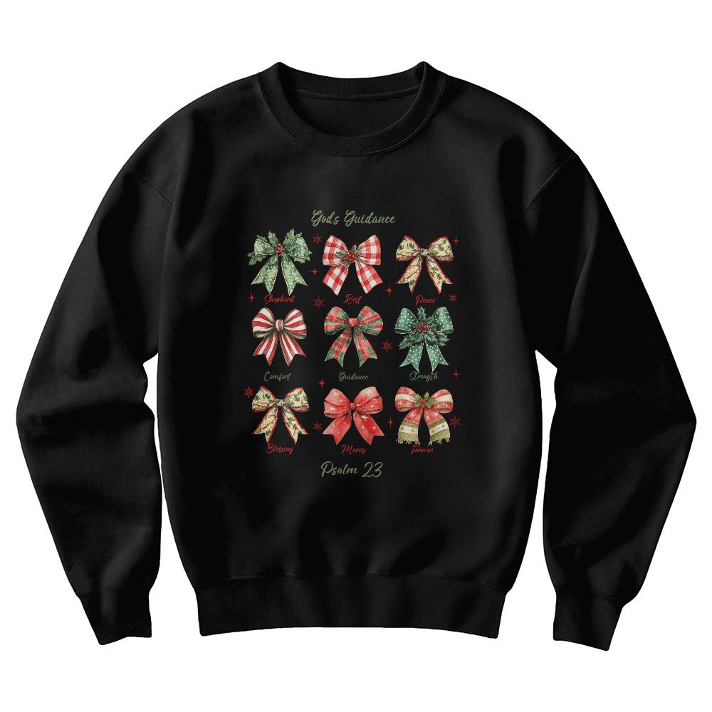 Christian Christmas sweatshirt featuring holiday bows and Psalm 23 inspiration