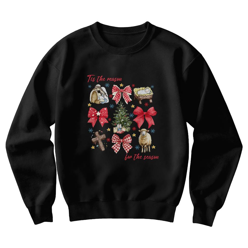 Tis the Reason for the Season crewneck with Christmas and faith symbols