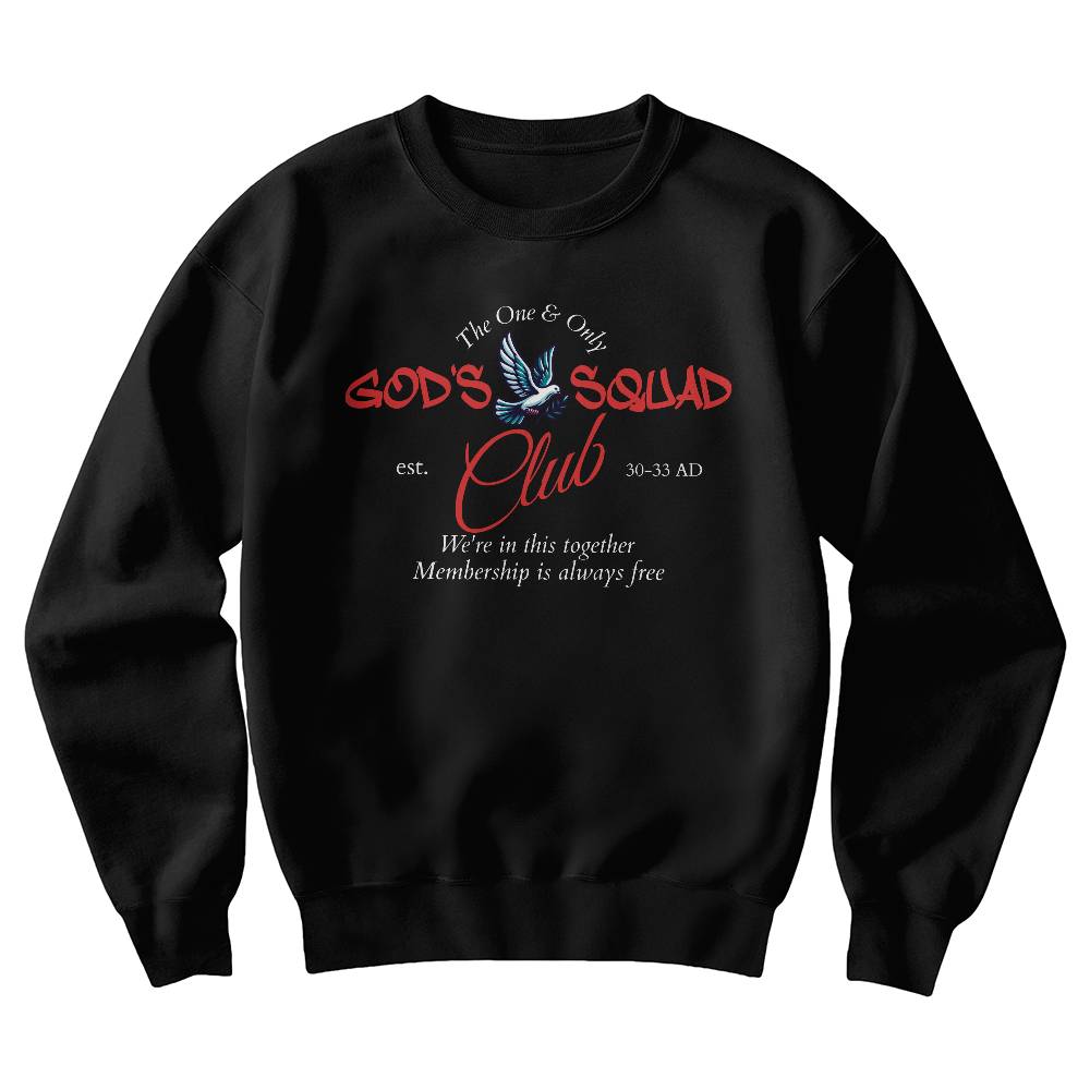 A vintage-inspired "God's Squad" crewneck design featuring a dove and the words "est. 30-33 AD."