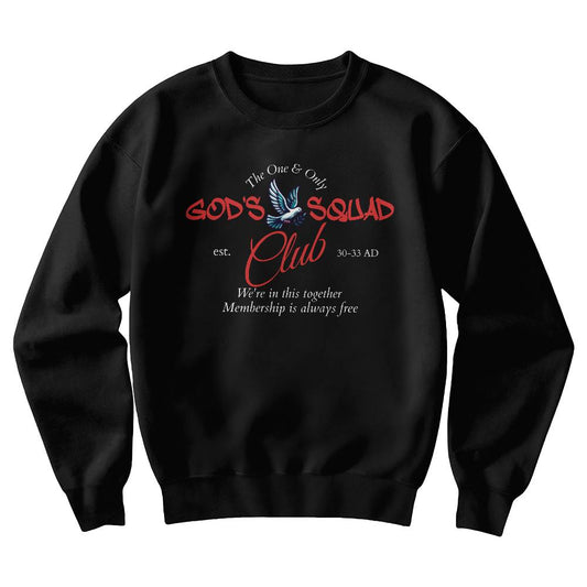 A vintage-inspired "God's Squad" crewneck design featuring a dove and the words "est. 30-33 AD."