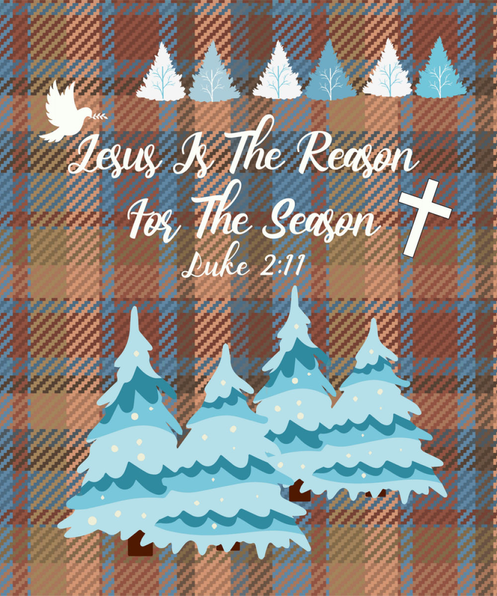 Woven Plaid design blanket with winter trees, cross, and 'Jesus Is The Reason For The Season' message with Luke 2:11 Bible verse.