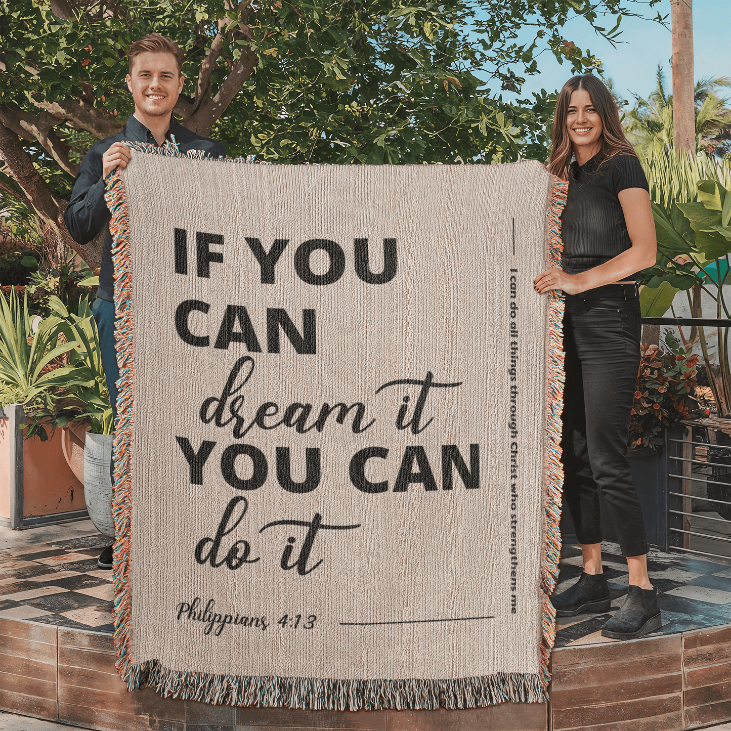 Beige 100% cotton yarn woven blanket with 'If you can dream it, you can do it' message and Philippians 4:13 verse. Inspiring and modern Christian decor.