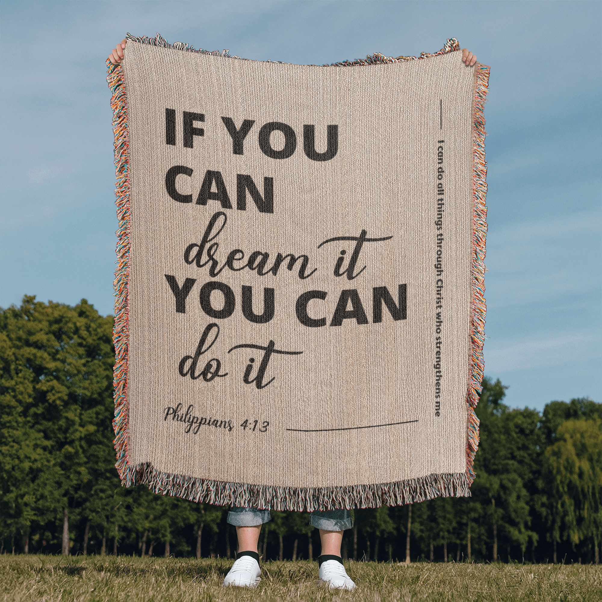 Beige 100% cotton yarn woven blanket with 'If you can dream it, you can do it' message and Philippians 4:13 verse. Inspiring and modern Christian decor.