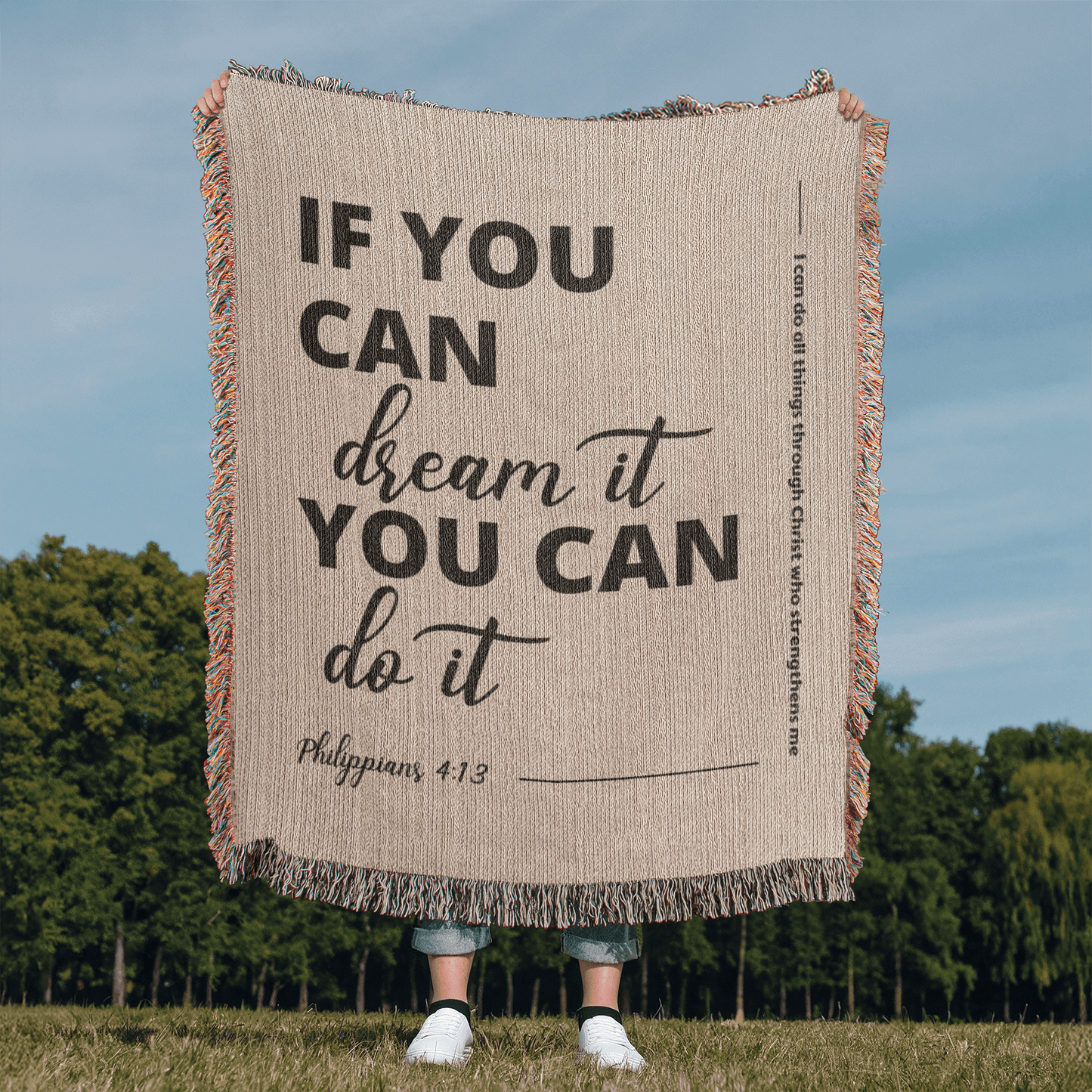 Beige 100% cotton yarn woven blanket with 'If you can dream it, you can do it' message and Philippians 4:13 verse. Inspiring and modern Christian decor.