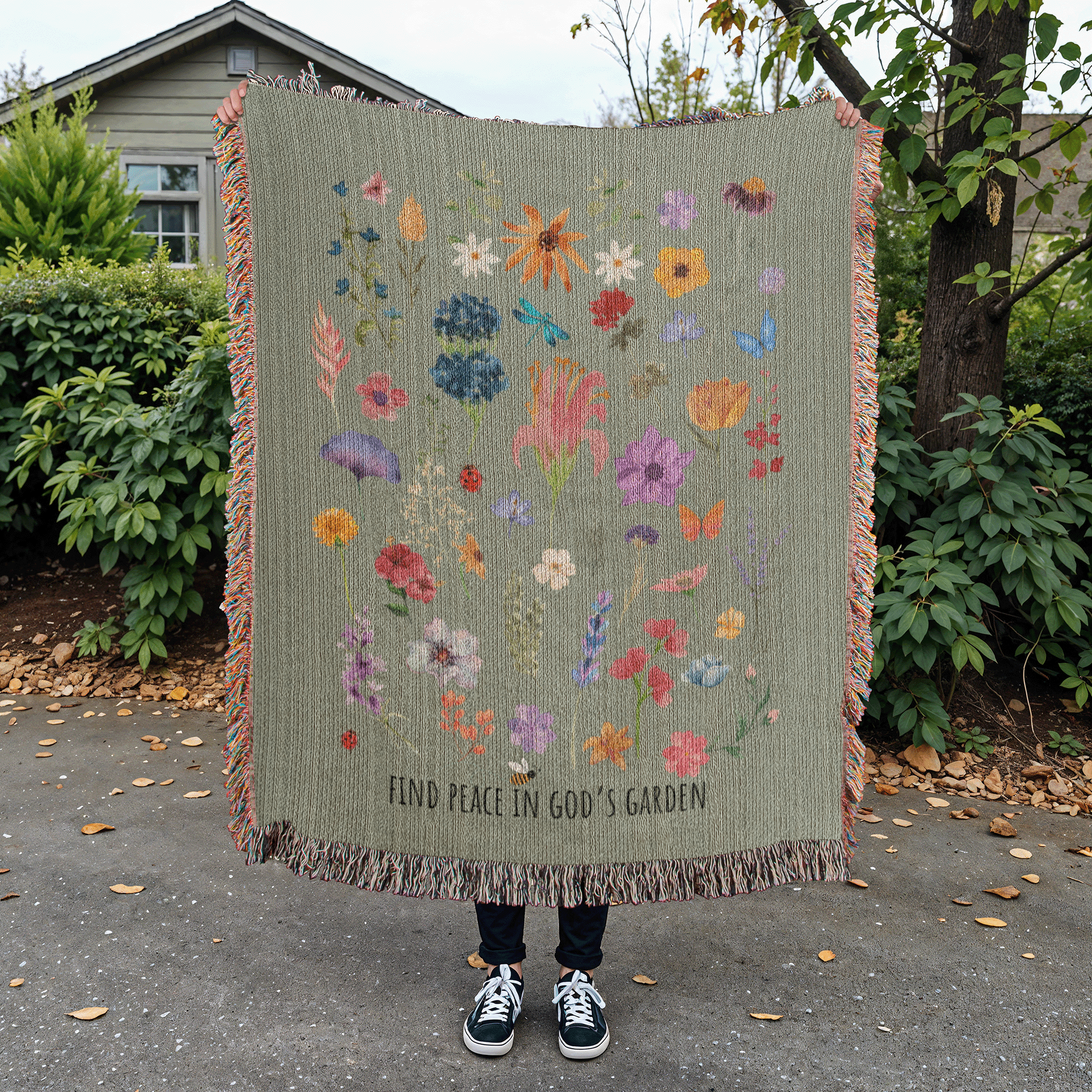 Floral woven blanket with vibrant flowers, bugs, and 'Find Peace in God's Garden' message. Colorful and nature-inspired Christian blanket.