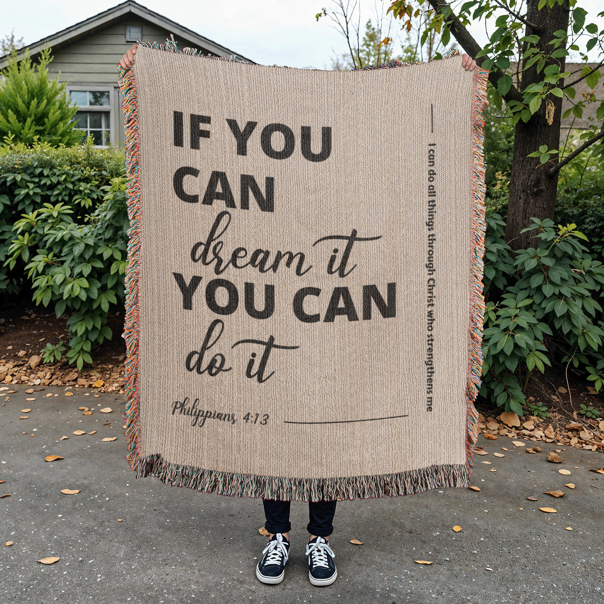 Beige 100% cotton yarn woven blanket with 'If you can dream it, you can do it' message and Philippians 4:13 verse. Inspiring and modern Christian decor.
