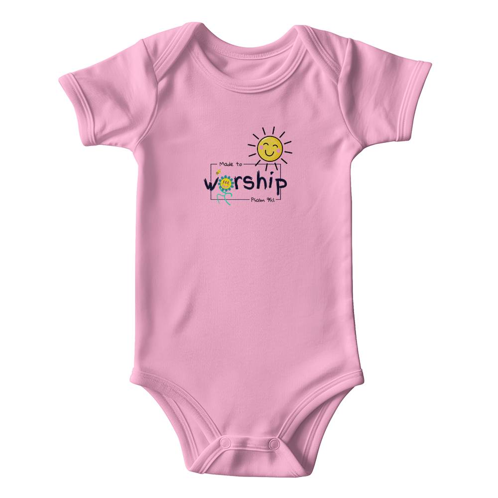 Christian kids clothing with happy sun, bee, flower, and Psalm 95:1.