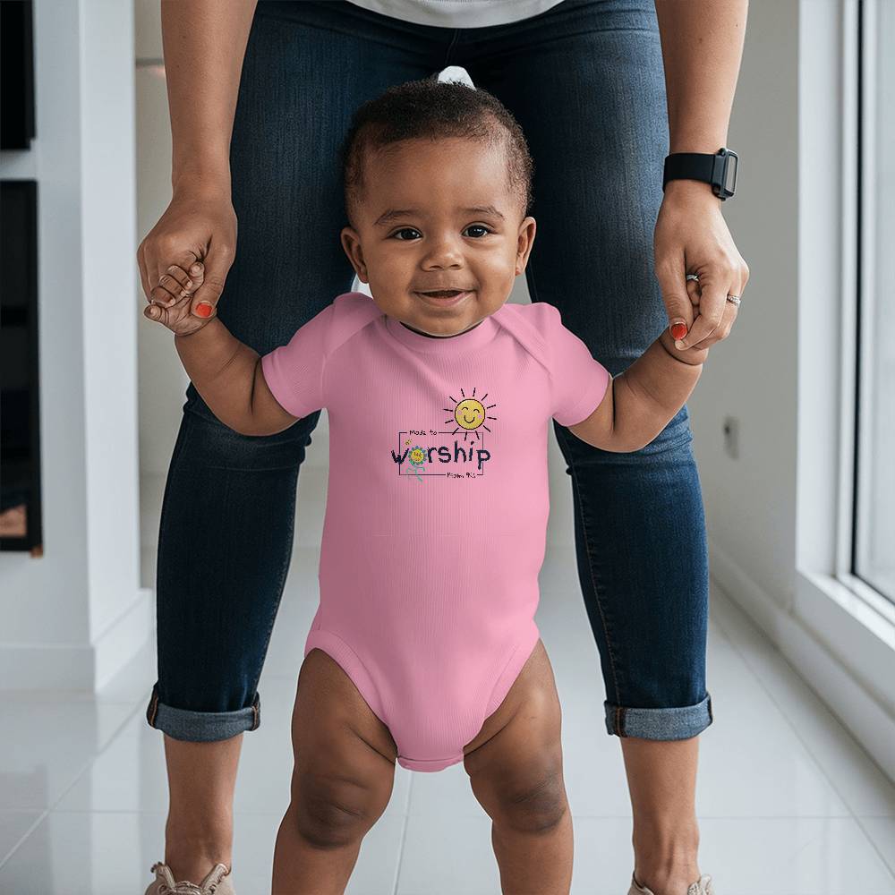 Christian kids clothing with happy sun, bee, flower, and Psalm 95:1.