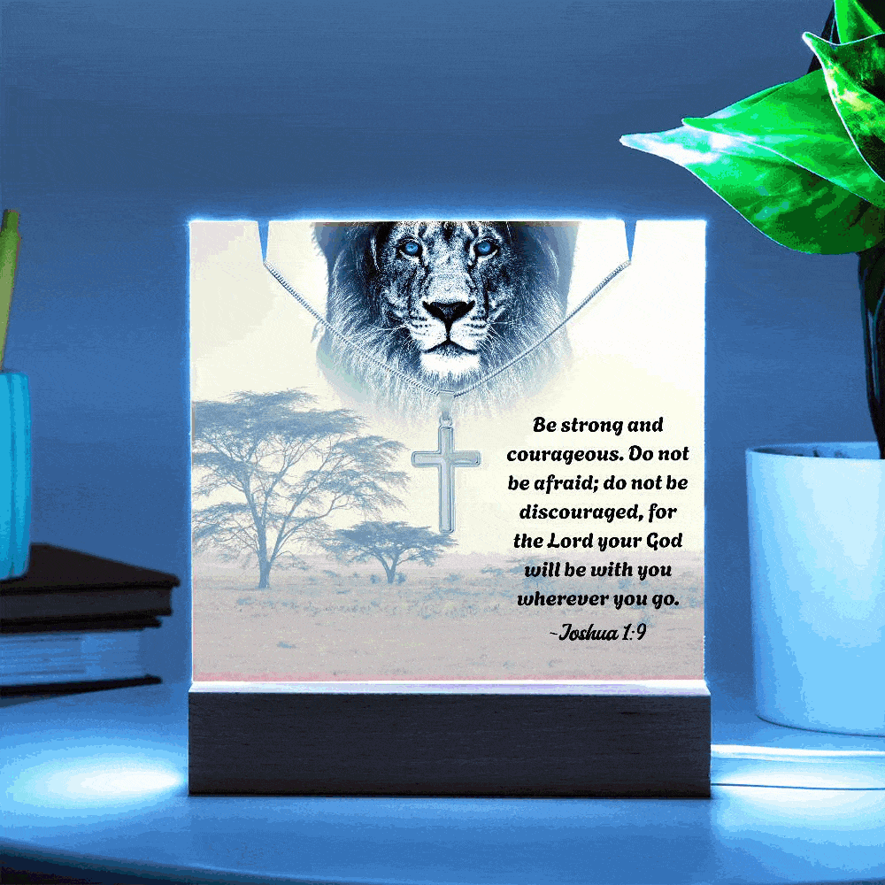 Lion of Judah Cross Necklace with Joshua 1:9.