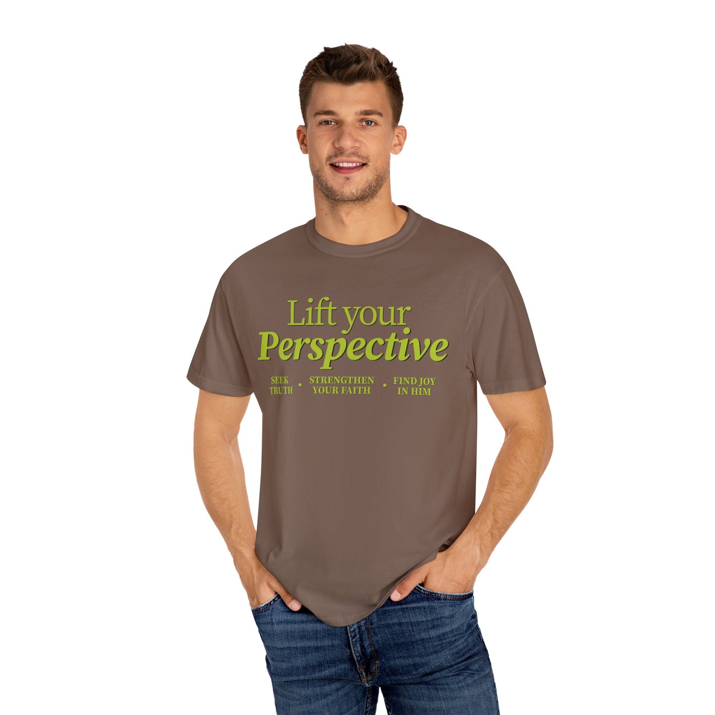 Young adult wearing “Lift Your Perspective” Christian T-shirt in brown, inspired by the How to Pray series.