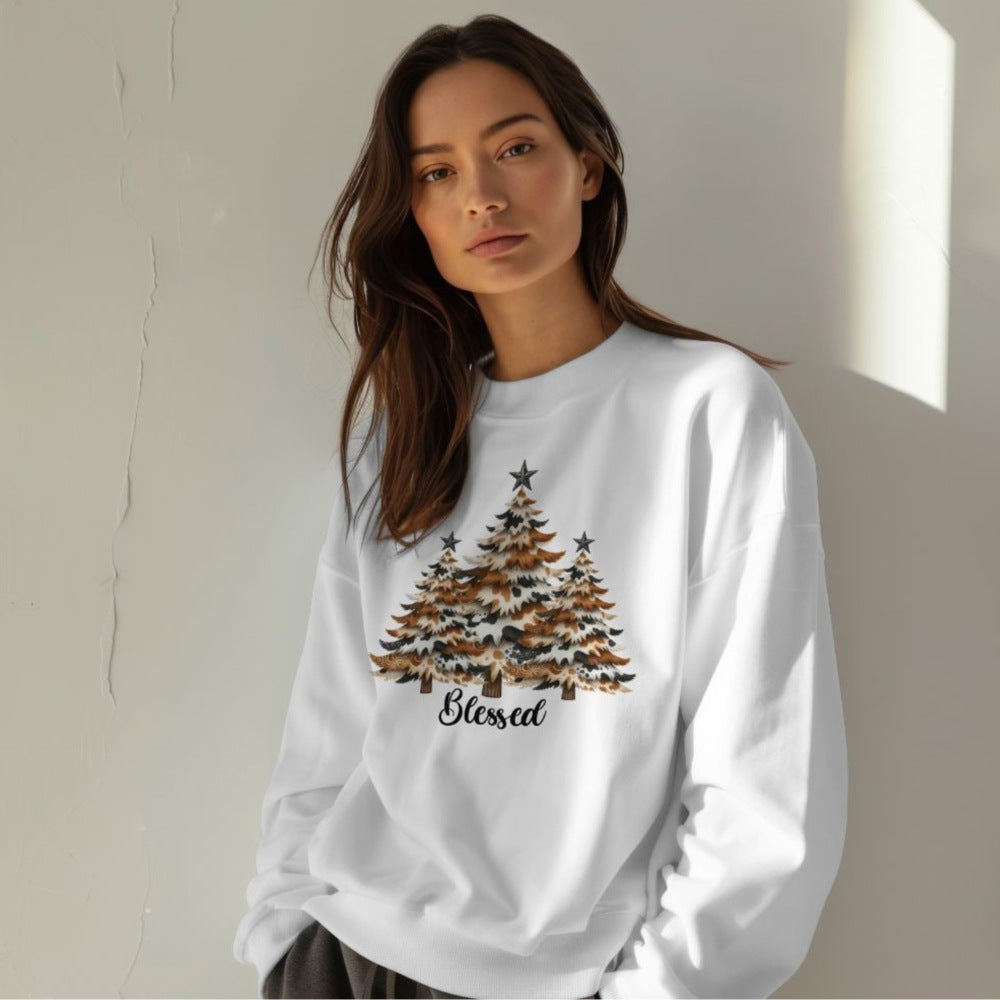 Blessed crewneck with unique cow-print tree design and farmhouse style
