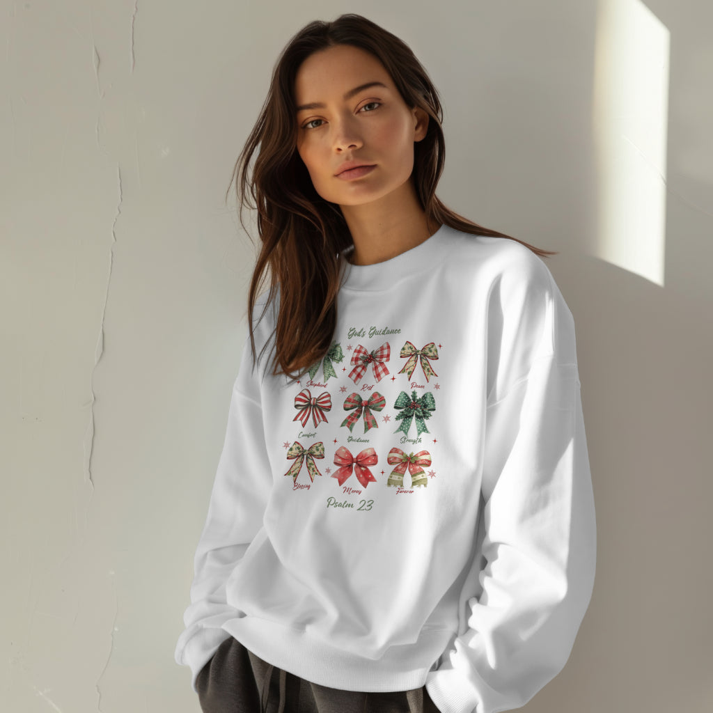 Christian Christmas sweatshirt featuring holiday bows and Psalm 23 inspiration
