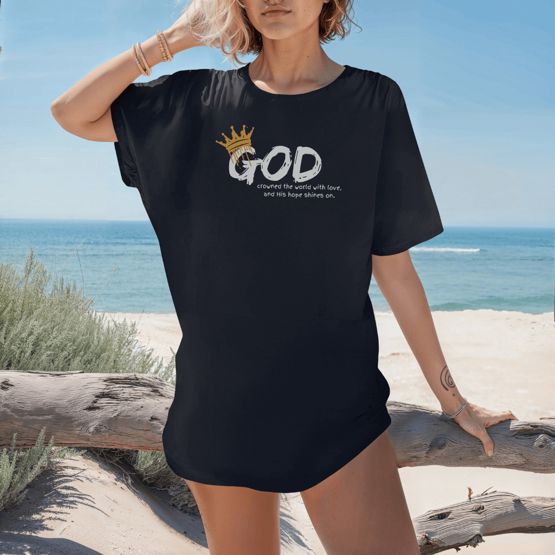 BLACK UNISEX CHRISTIAN TEE CROWNED WITH LOVE .