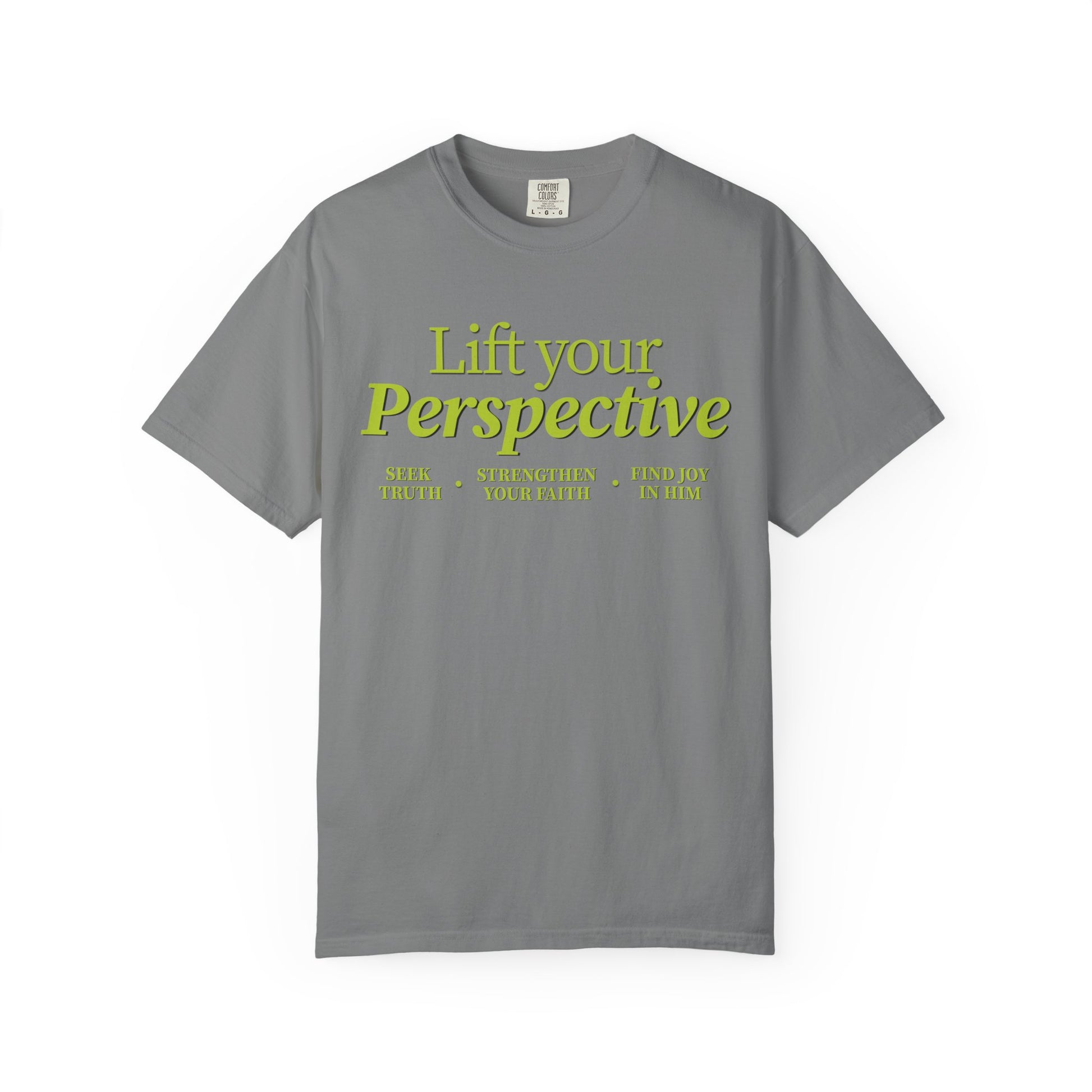 Gray t-shirt with yellow text 'Lift your Perspective' on a white background