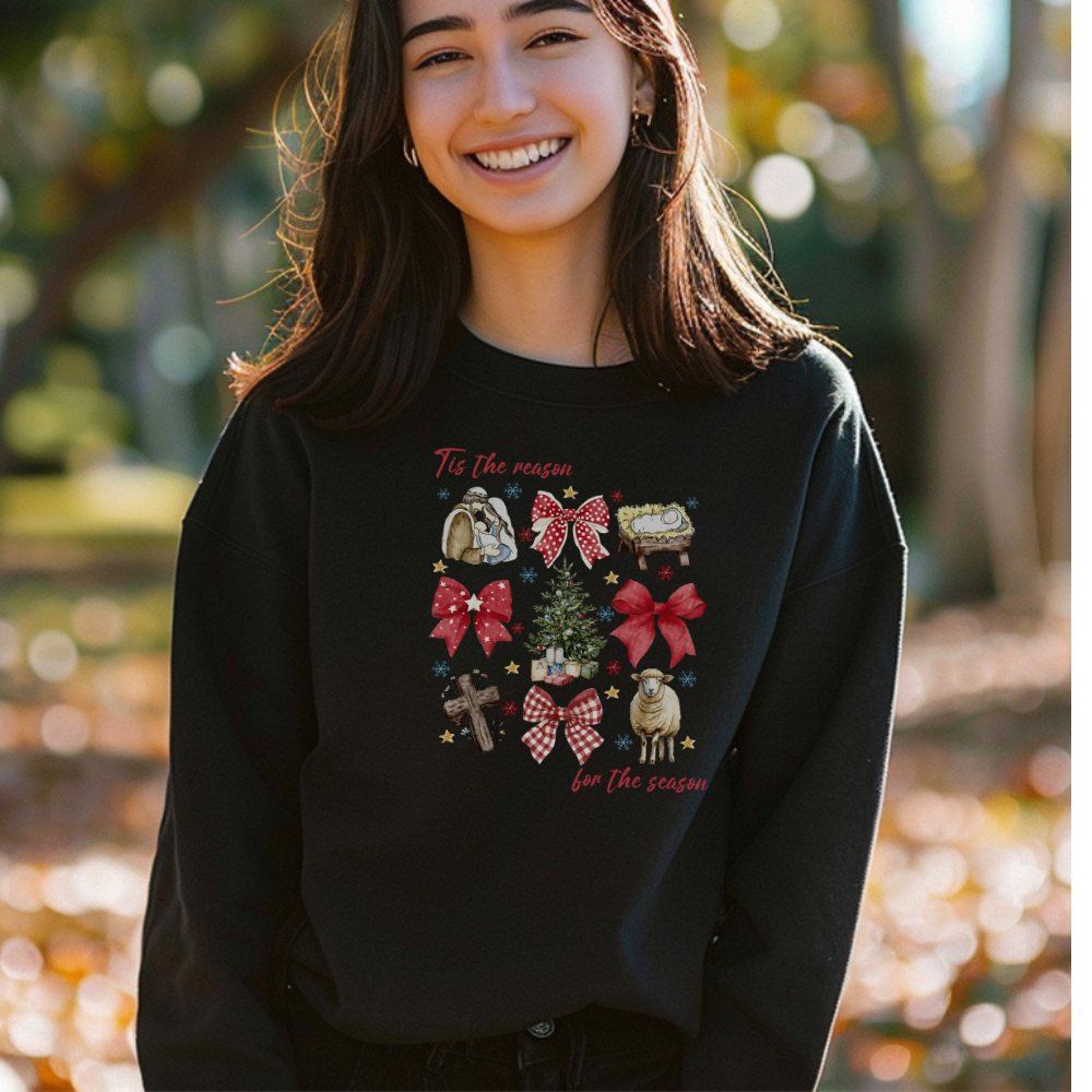 Tis the Reason for the Season crewneck with Christmas and faith symbols
