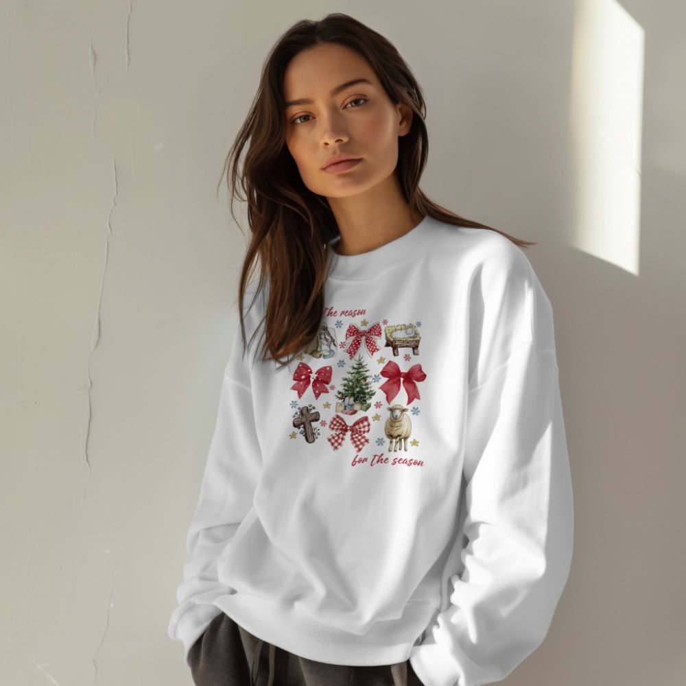 Tis the Reason for the Season crewneck with Christmas and faith symbols
